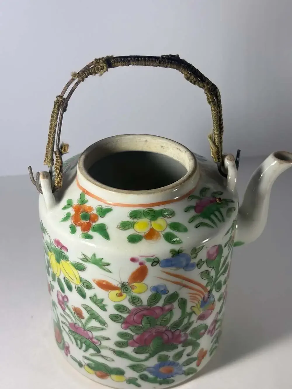 Antique Chinese Famille Rose Porcelain Hand Painted Teapot ,Wire , Twine Handle